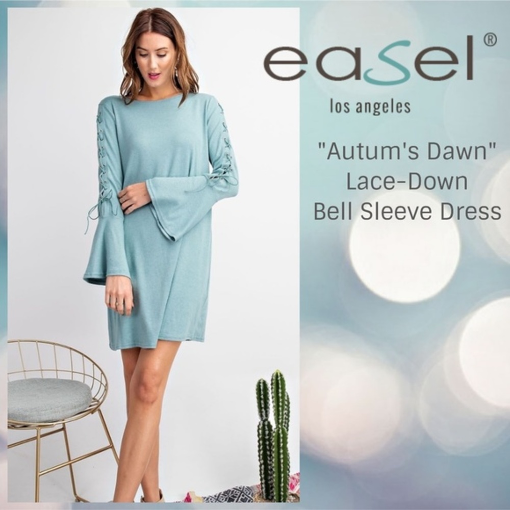 EASEL "Autumn's Dawn" Brushed Cotton Flared Dress Laced-Up Bell Sleeves Detail